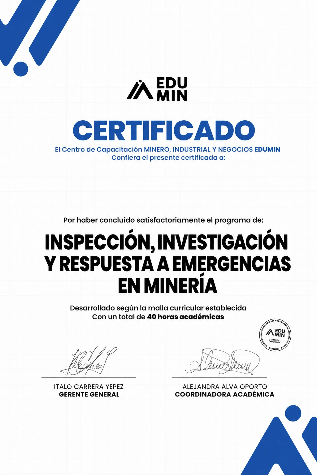Certificado del módulo 3: Inspección, Investigación y Respuesta a Emergencias en Minería